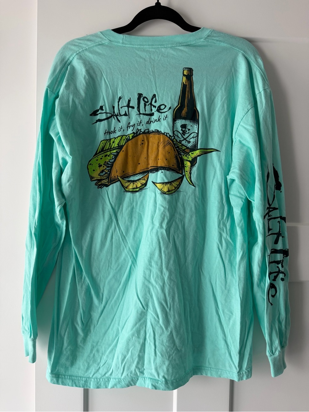 Salt Life Aqua/Turquoise Long Sleeve Tee with Fish, Taco & Bottle Graphic